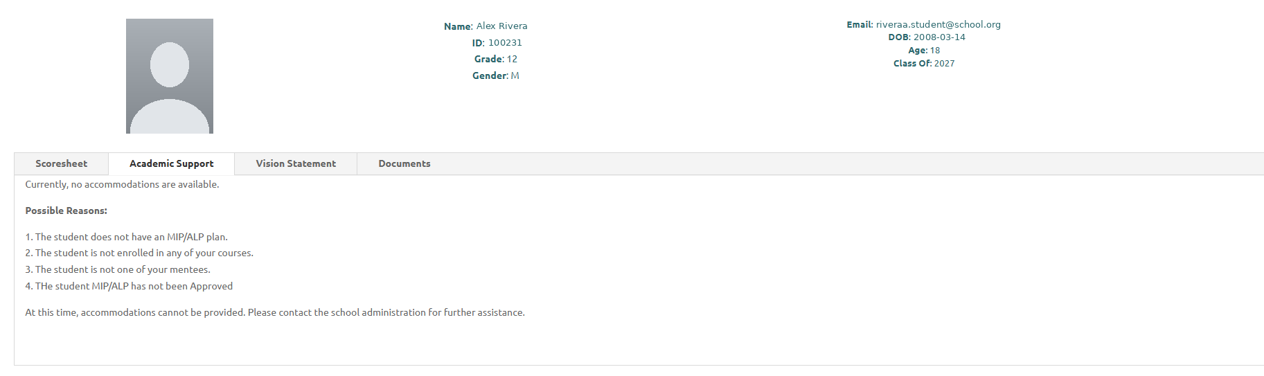 Connect Academic Support tab explaining accommodation plan availability Connect Academic Support tab explaining accommodation plan availability