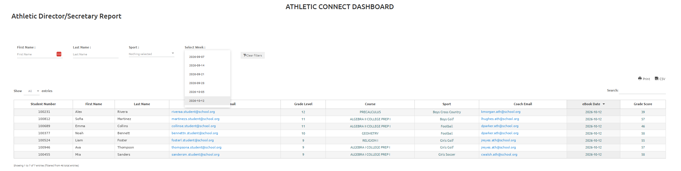 Athletic Connect dashboard listing at-risk athletes with sport, course, coach email and grade