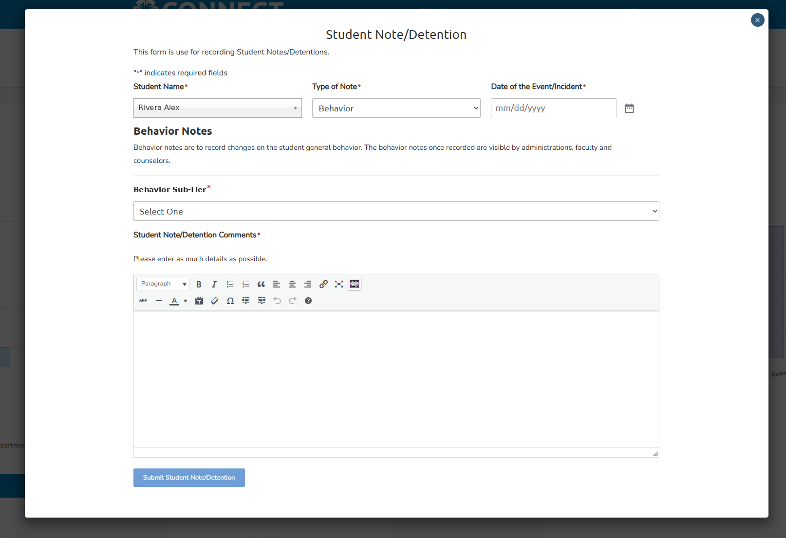 Connect Student Note and Detention form with student, note type, date and comments Connect Student Note and Detention form with student, note type, date and comments