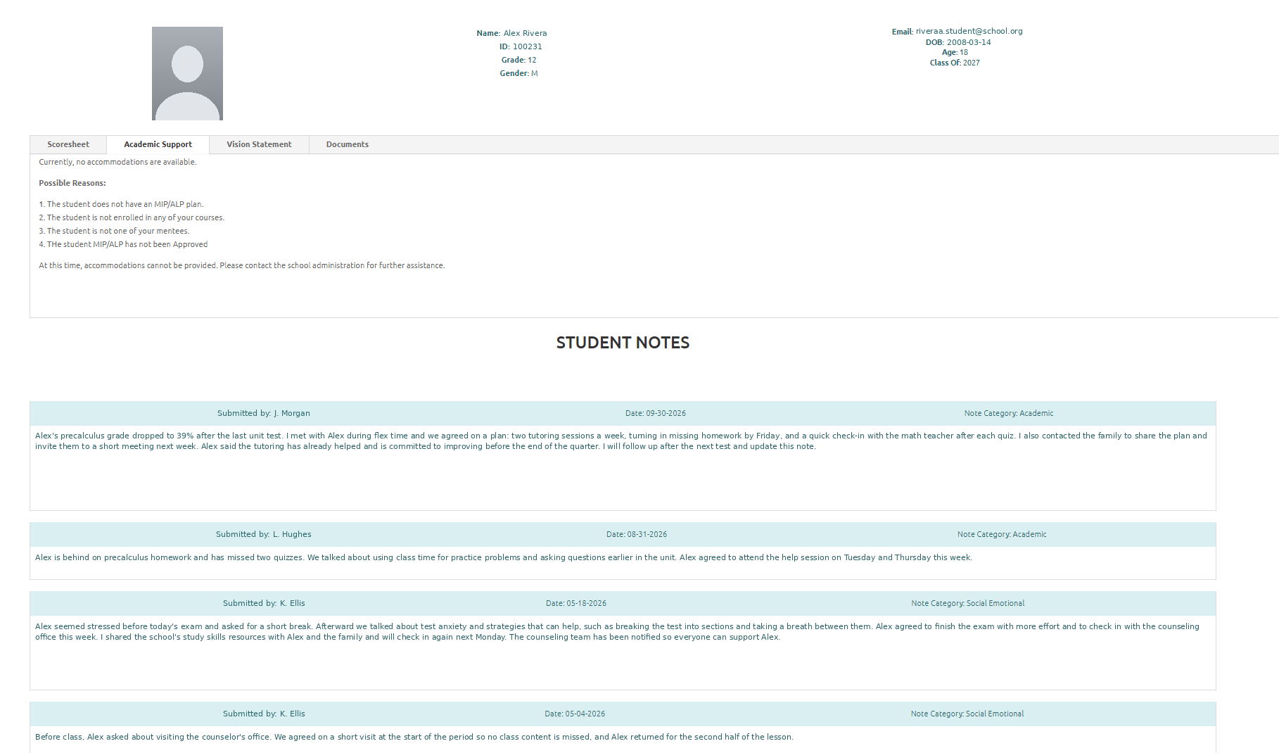 Connect student profile with academic support tab and student notes from several staff members Connect student profile with academic support tab and student notes from several staff members
